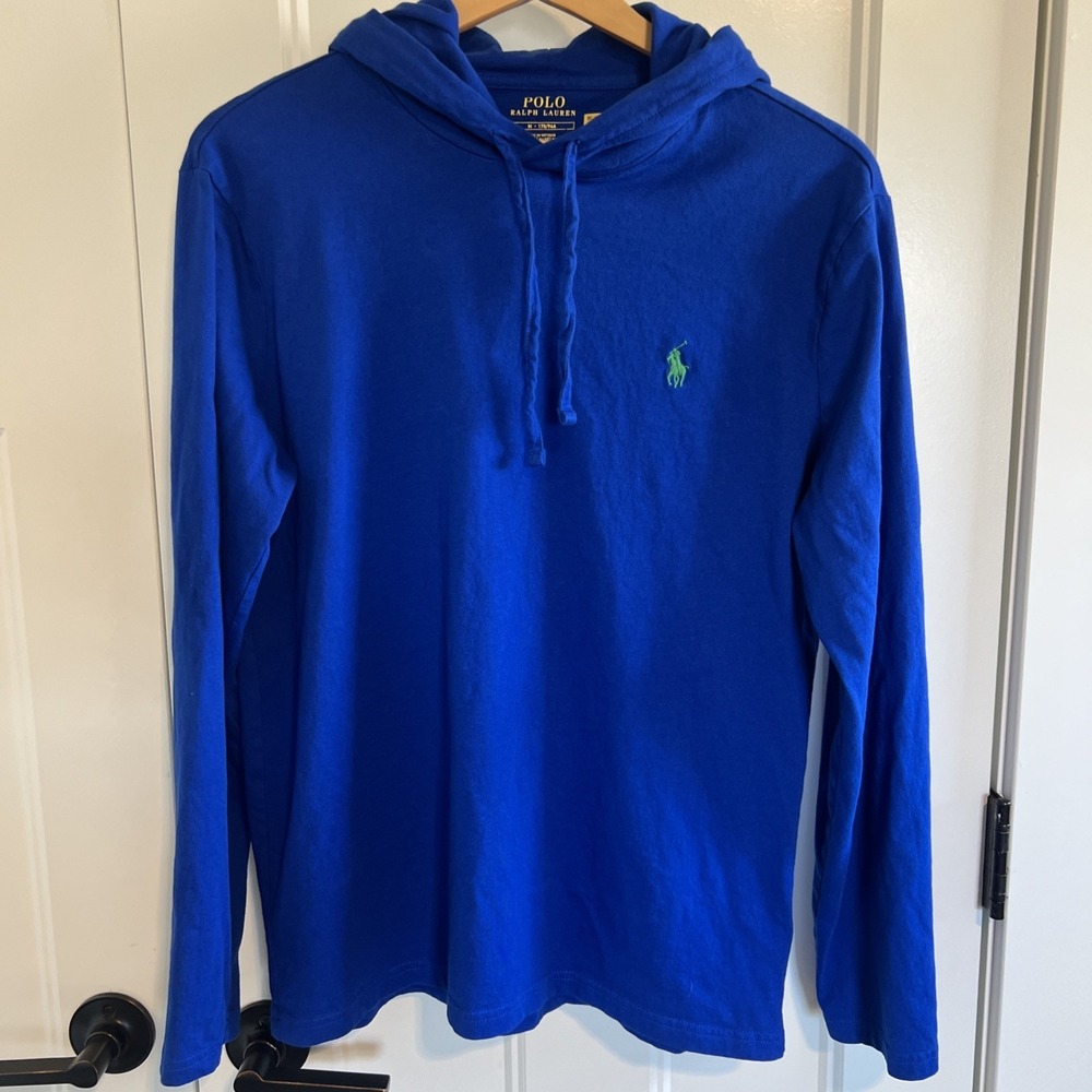 Polo Ralph Lauren Hoodie Mens Medium Blue Jersey Knit Pullover Hoodie Shirt